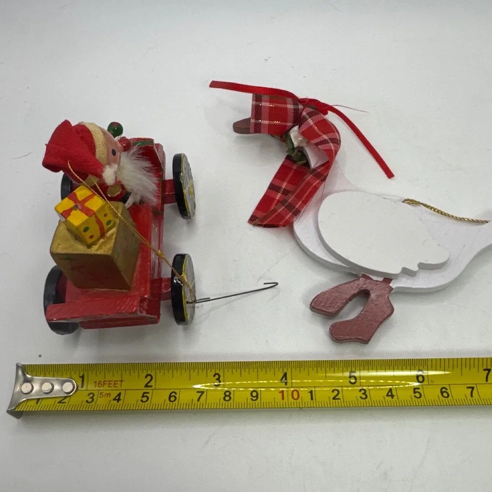 Vintage Wooden Christmas Ornaments Santa in Red‎ Car and Goose with Plaid Scarf